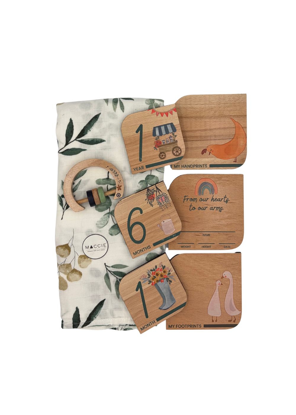Baby Gift Set ~ Maccie Bamboo Swaddle, Wooden Milestone Disks and Rattle ~ Little Greyton