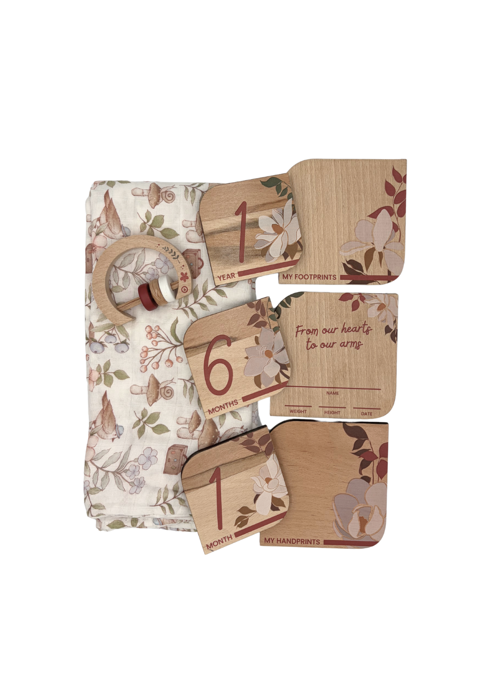 Baby Gift Set ~ Maccie Bamboo Swaddle, Wooden Milestone Disks and Rattle ~Bebe Pure