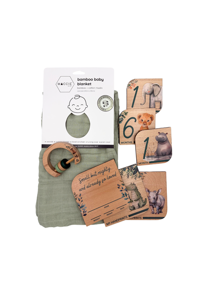 Baby Gift Set ~ Maccie Bamboo Swaddle, Wooden Milestone Disks and Rattle ~ On Safari