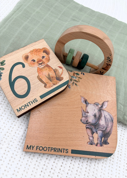 Baby Gift Set ~ Maccie Bamboo Swaddle, Wooden Milestone Disks and Rattle ~ On Safari