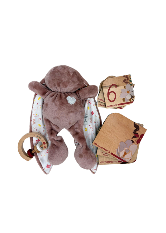 Baby Gift Set ~ Tiger Lily Cuddle Bunny , Wooden Milestone Disks and Rattle ~ Bebe Pure