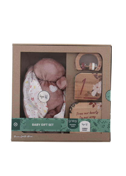 Baby Gift Set ~ Tiger Lily Cuddle Bunny , Wooden Milestone Disks and Rattle ~ Bebe Pure