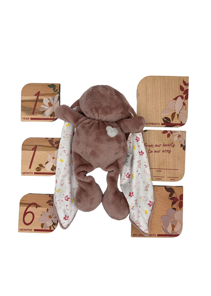 Baby Gift Set ~ Tiger Lily Cuddle Bunny , Wooden Milestone Disks and Rattle ~ Bebe Pure