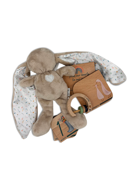 Baby Gift Set ~ Tiger Lily Cuddle Bunny , Wooden Milestone Disks and Rattle ~ Little Greyton