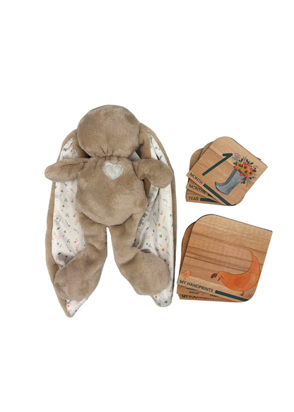 Baby Gift Set ~ Tiger Lily Cuddle Bunny , Wooden Milestone Disks and Rattle ~ Little Greyton