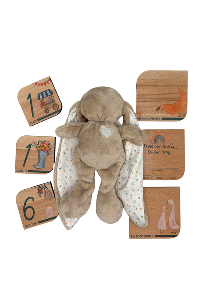 Baby Gift Set ~ Tiger Lily Cuddle Bunny , Wooden Milestone Disks and Rattle ~ Little Greyton