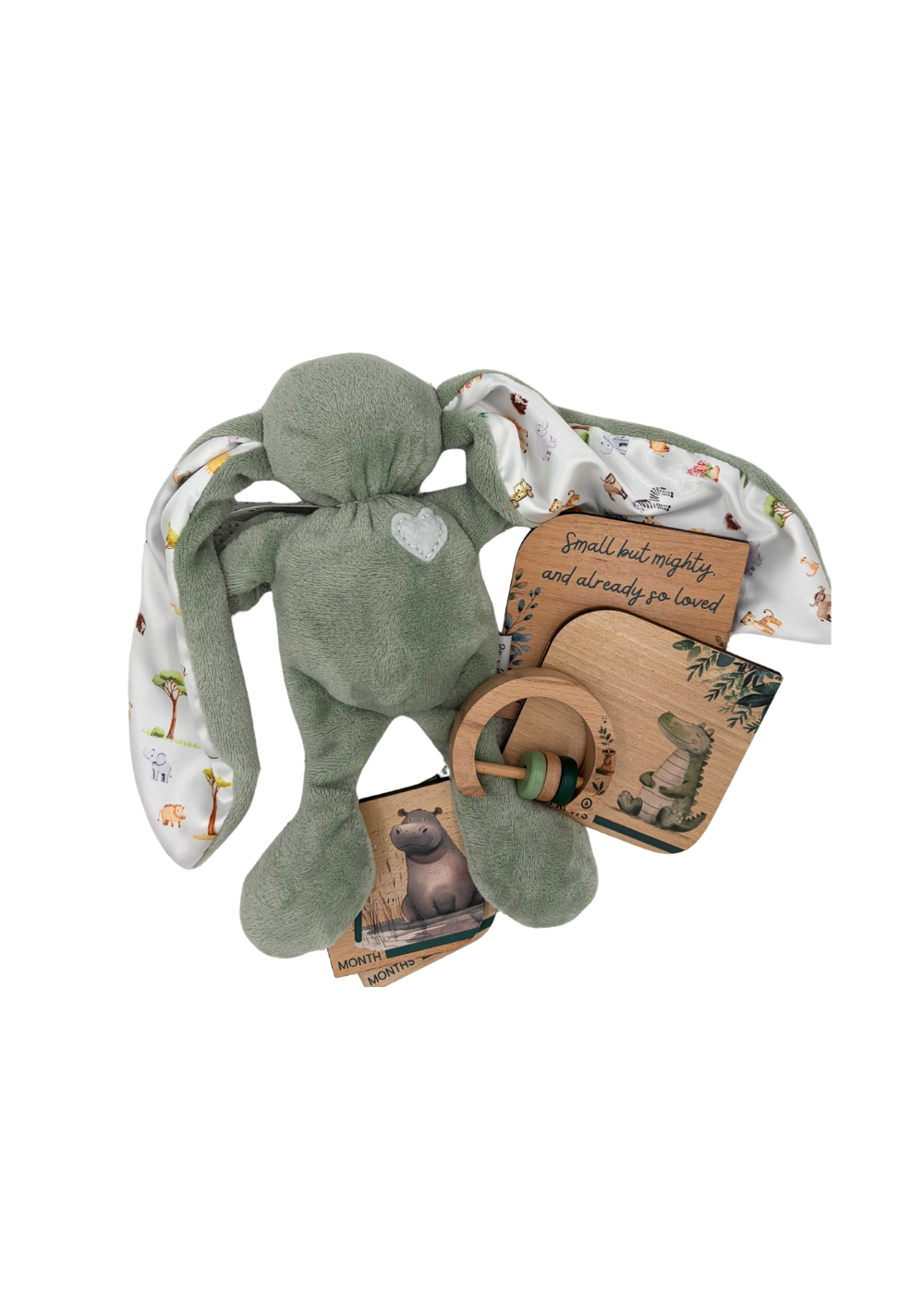 Baby Gift Set ~ Tiger Lily Cuddle Bunny , Wooden Milestone Disks and Rattle ~ On Safari