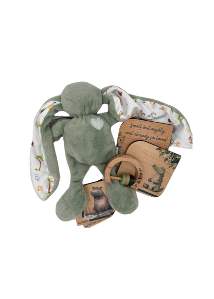 Baby Gift Set ~ Tiger Lily Cuddle Bunny , Wooden Milestone Disks and Rattle ~ On Safari