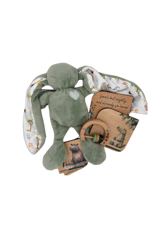 Baby Gift Set ~ Tiger Lily Cuddle Bunny , Wooden Milestone Disks and Rattle ~ On Safari