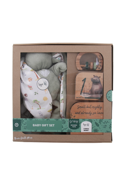 Baby Gift Set ~ Tiger Lily Cuddle Bunny , Wooden Milestone Disks and Rattle ~ On Safari