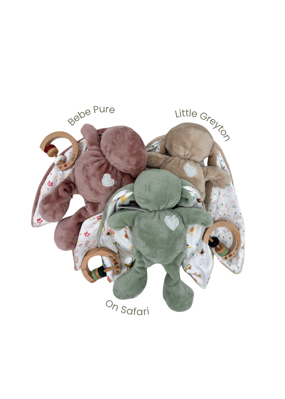 Baby Gift Set ~ Tiger Lily Cuddle Bunny , Wooden Milestone Disks and Rattle ~ On Safari