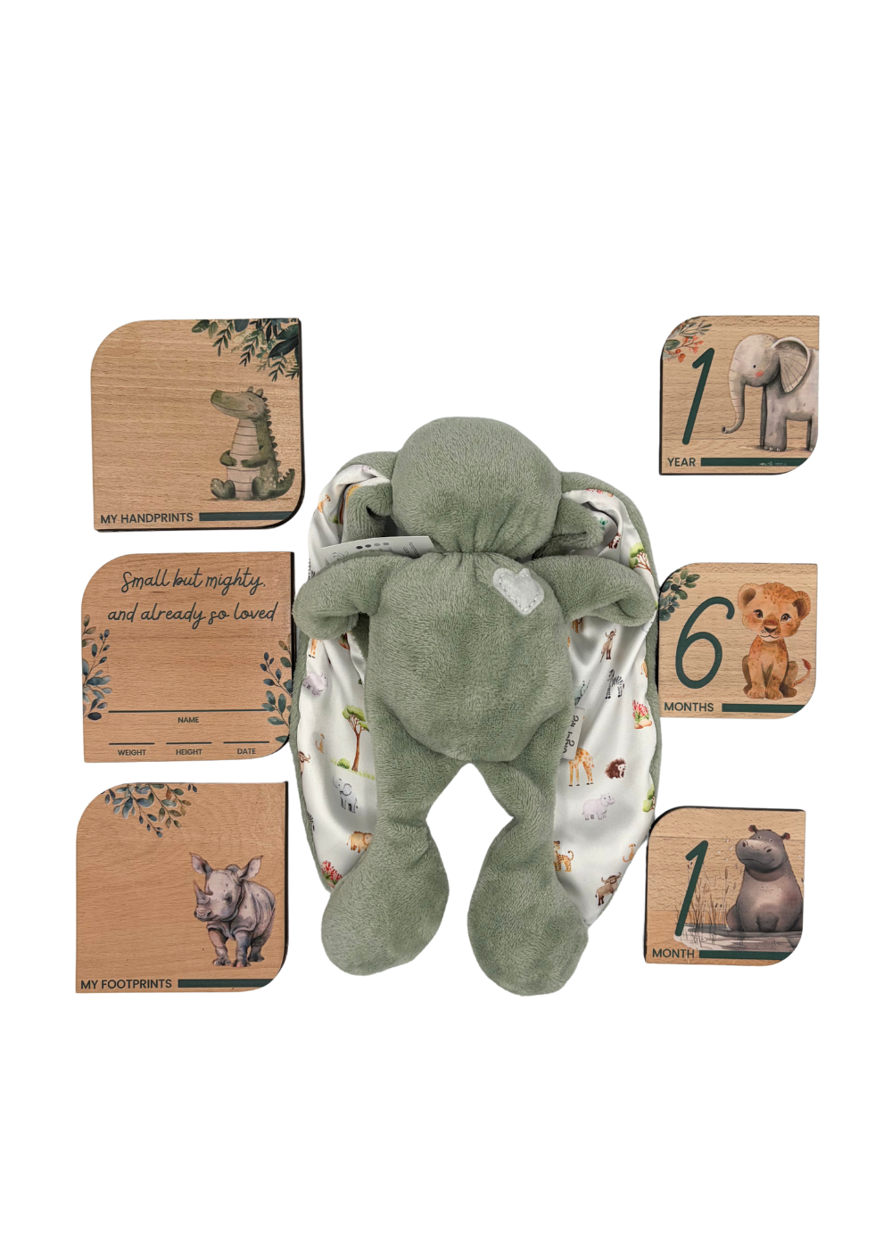 Baby Gift Set ~ Tiger Lily Cuddle Bunny , Wooden Milestone Disks and Rattle ~ On Safari