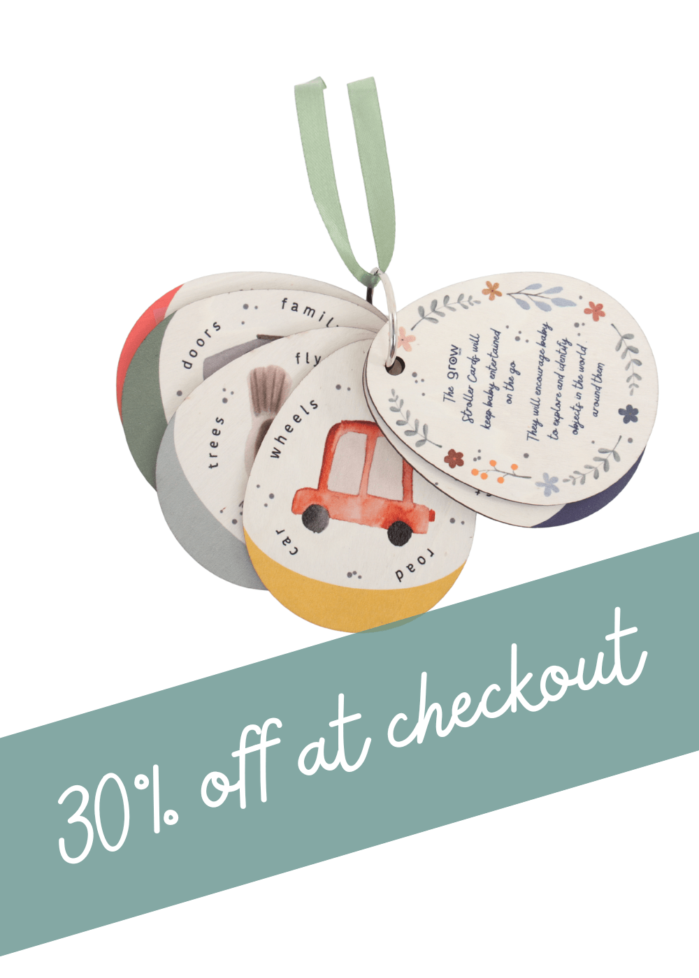 Baby Gifting | Colorful wooden stroller cards promoting play and engagement for babies with a 30% discount at checkout.