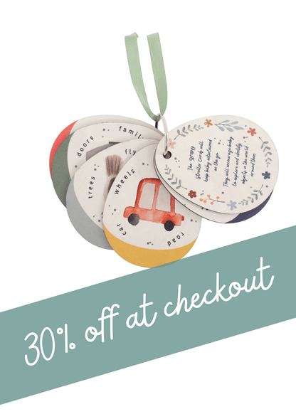 Baby Gifting | Colorful wooden stroller cards promoting play and engagement for babies with a 30% discount at checkout.