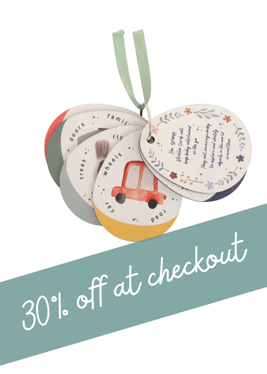 Baby Gifting | Colorful wooden stroller cards promoting play and engagement for babies with a 30% discount at checkout.