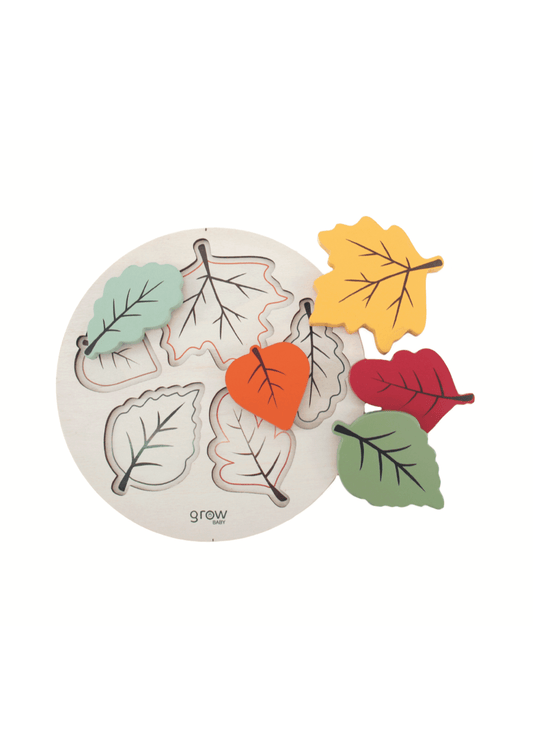 Wooden Chunky Puzzle with colourful leaf pieces, perfect for toddlers to enhance problem-solving skills.