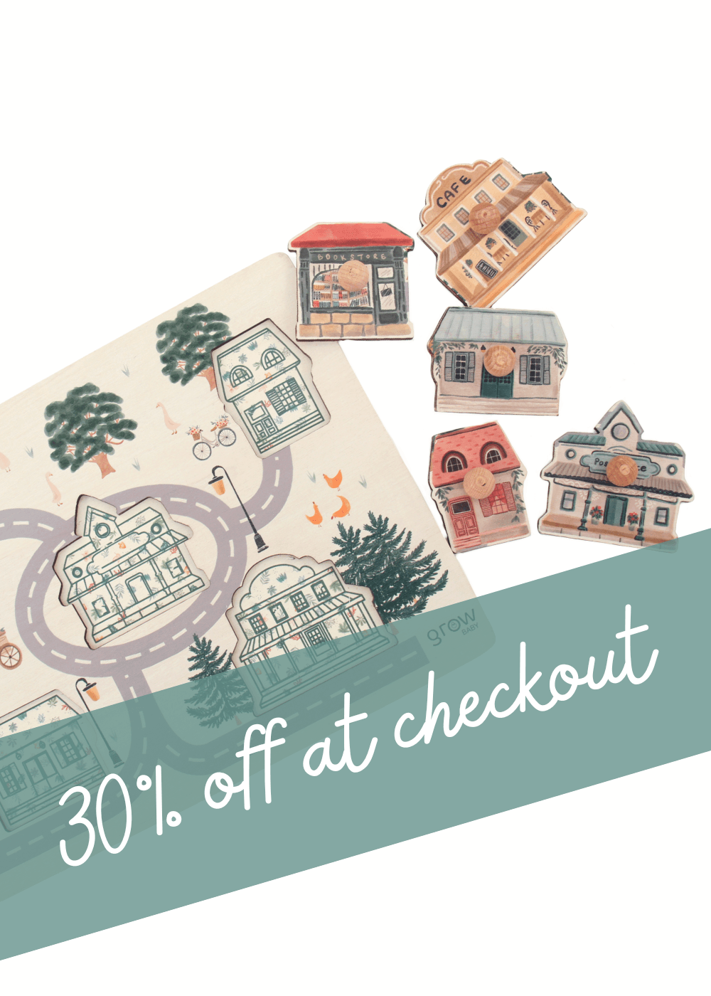 Wooden Peg Puzzle pieces displayed with a road map, promoting 30% off at checkout.
