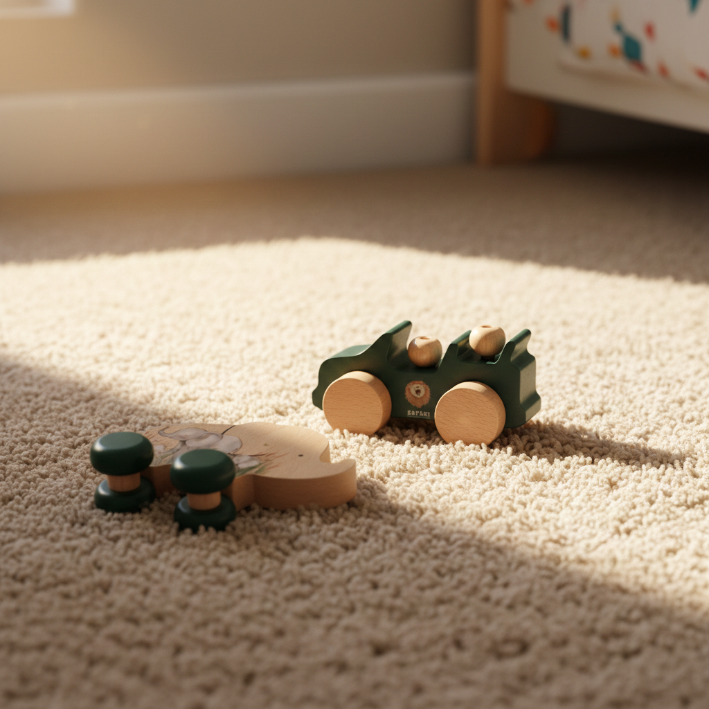 Wooden Toy Set featuring a Jeep and an elephant push car on a carpet, ideal for imaginative play.