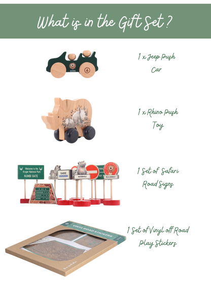 Wooden Push Cars, road signs, and vinyl play set components displayed, including a jeep, rhino toy, and play stickers.
