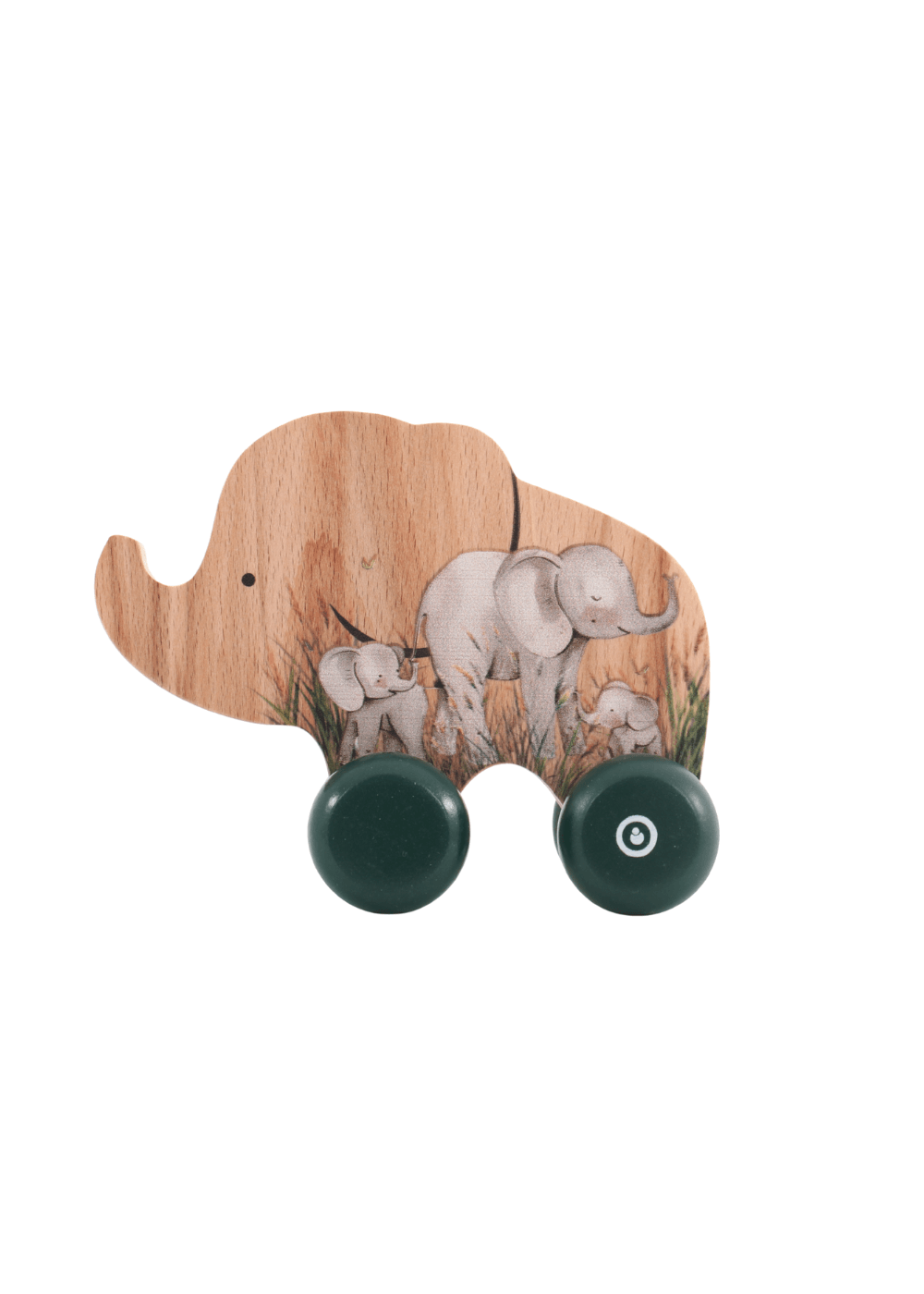 Wooden push toy elephant with wheels, designed for playful learning and inspired by African elephants.