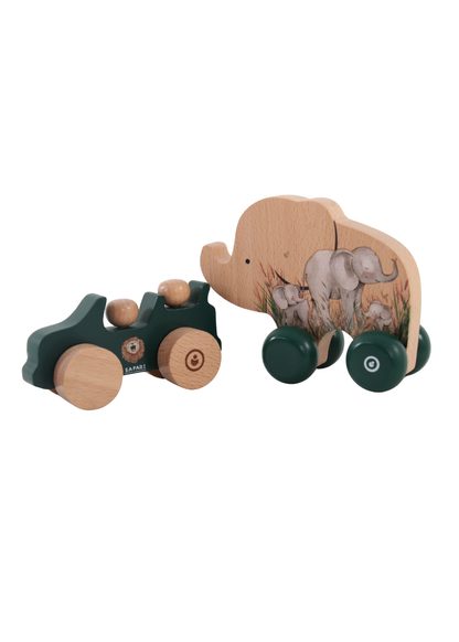 Wooden Toy Set featuring a Jeep and an Elephant Push Car designed for imaginative play.