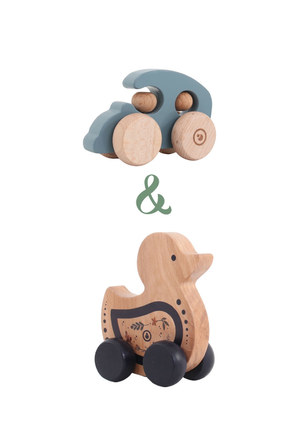 Wooden Toy Set featuring a blue car and a duck push toy, perfect for imaginative play and development.