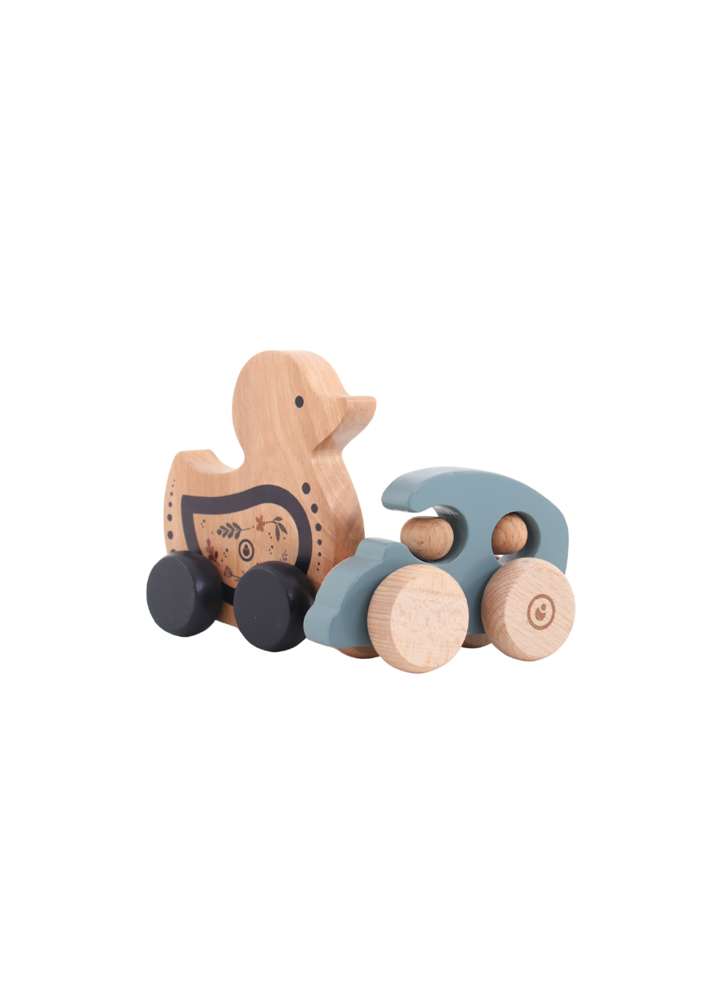 Wooden Toy Set featuring a blue car and a duck push toy, crafted from sustainably sourced wood.