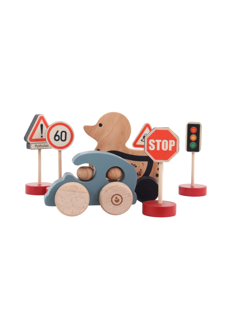 Wooden Toy Set featuring a blue car and duck push toy with traffic signs for imaginative play.