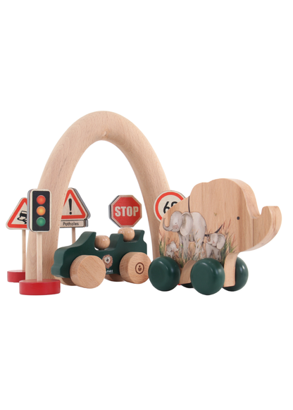 Wooden Toy Set featuring Jeep and Elephant with traffic signs and arch, perfect for imaginative play.