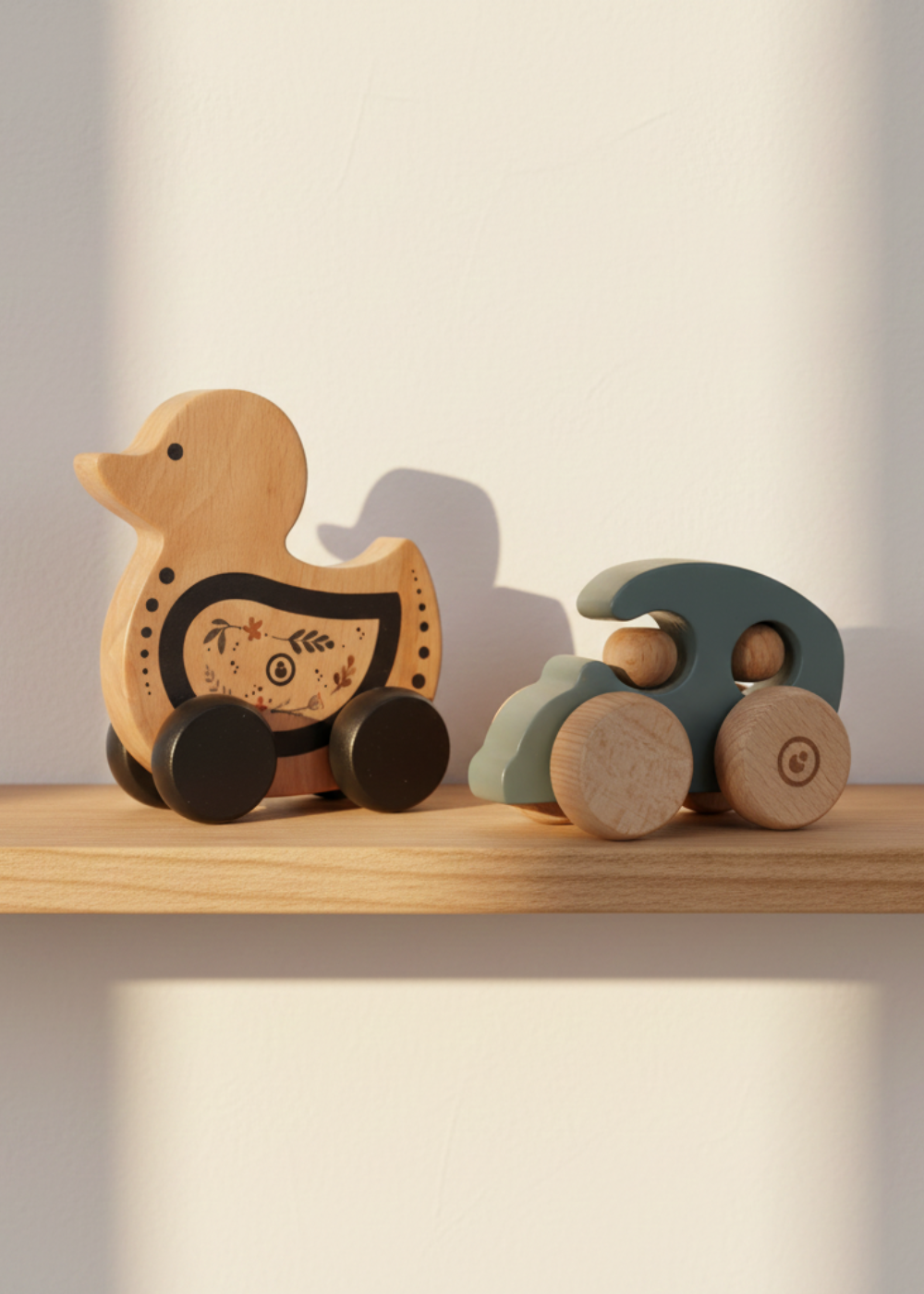 Wooden Toy Set featuring a Blue Car and Duck Push Toy on a shelf, ideal for children's play and exploration.