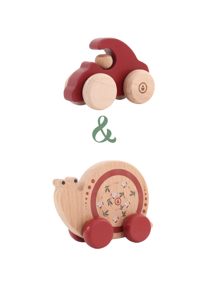 Wooden Toy Set featuring a red car and snail push car, perfect for playful discovery and early play.