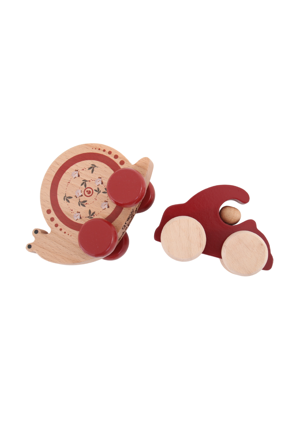 Wooden Toy Set featuring a red push car and a snail toy, perfect for playful discovery and imaginative play.