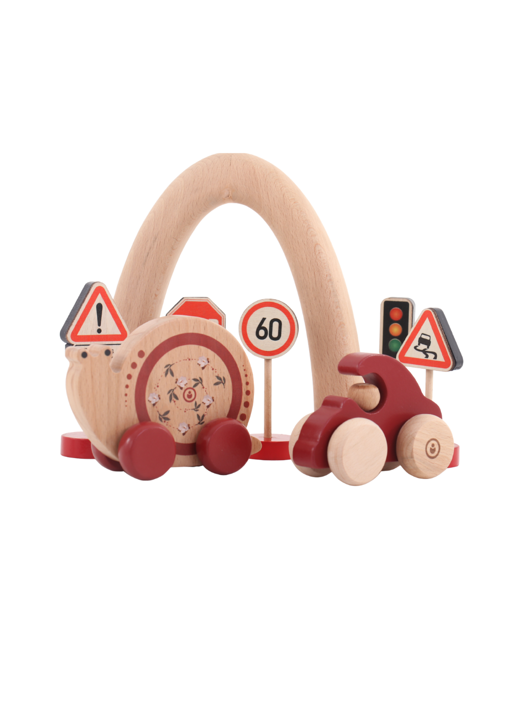 Wooden Toy Set featuring a red car and snail with traffic signs, perfect for early playful discovery.