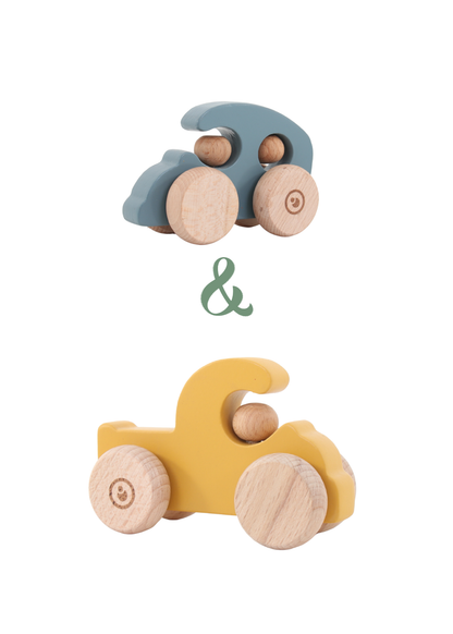 Wooden car and truck set in soft blue and warm yellow tones, designed for playful discovery and sensory play.