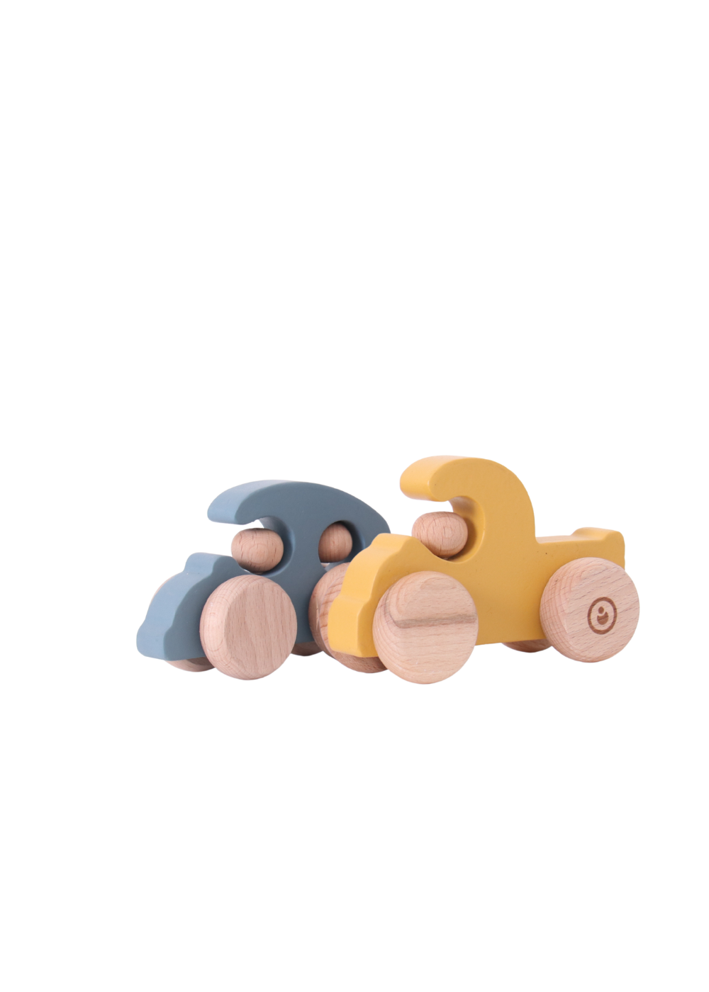 Colorful wooden car and truck set in soft blue and yellow tones, perfect for imaginative play and sensory discovery.
