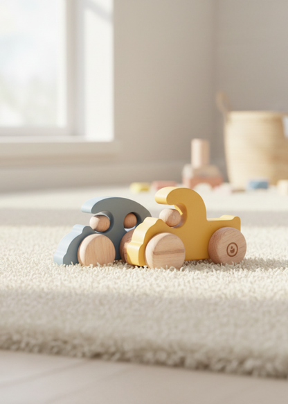 Two wooden toy cars in soft blue and yellow tones on a cozy carpet, part of a Wooden Car and Truck Set.