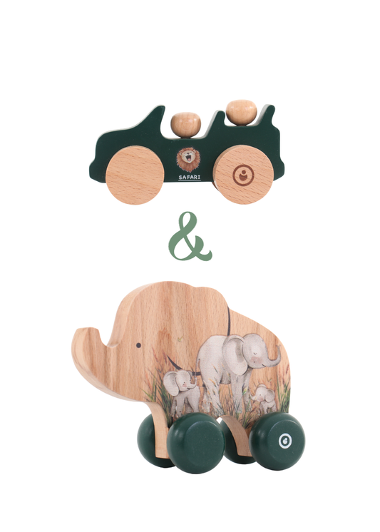 Wooden Jeep & Elephant Push Toy  Set