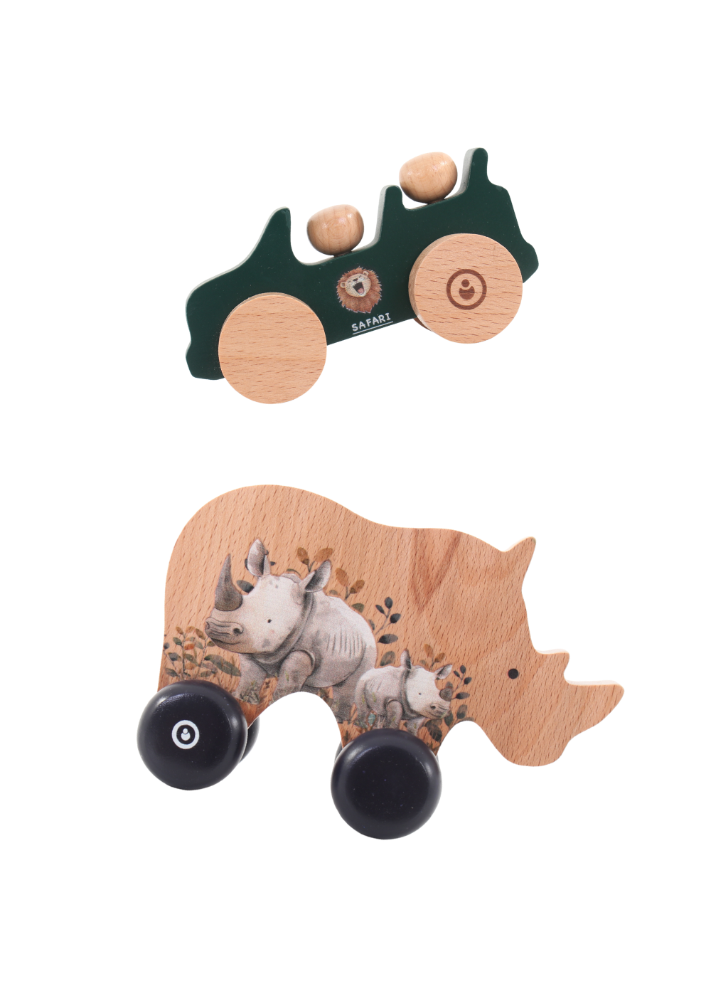 Wooden Toy Set featuring a Jeep and Rhino push car, ideal for imaginative play and crafted from sustainable wood.