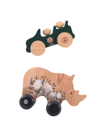 Wooden Toy Set featuring a Jeep and Rhino push car, ideal for imaginative play and crafted from sustainable wood.