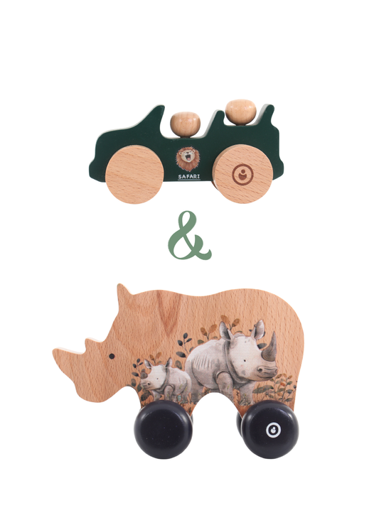 Wooden Toy Set featuring a Jeep push car and a Rhino toy, perfect for imaginative play and adventures.