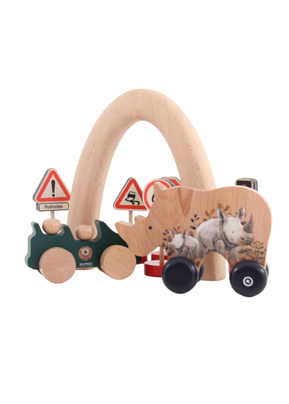 Wooden Toy Set featuring a Jeep and Rhino push car set surrounded by traffic signs, perfect for imaginative play.