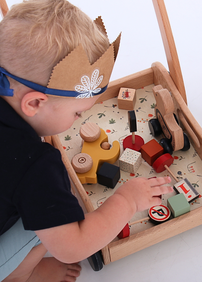 Wooden Toy Block Push Cart ~ 32 Piece Set