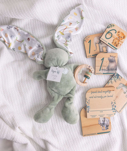 Baby Gift Set featuring Tiger Lily Bunny, milestone disks, and rattle on soft blanket.