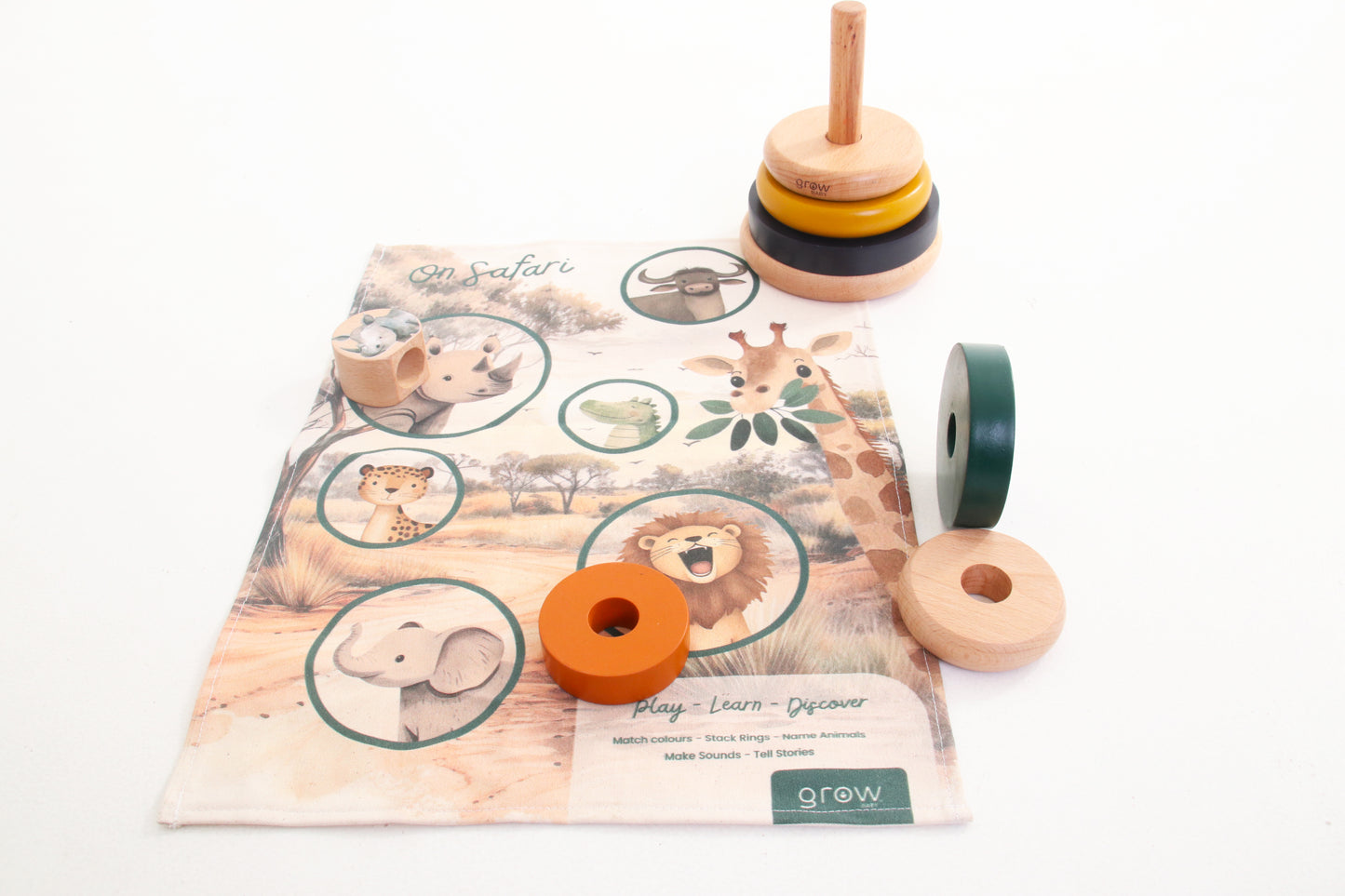 Wooden Ring Stacker & Play Mat | Safari
