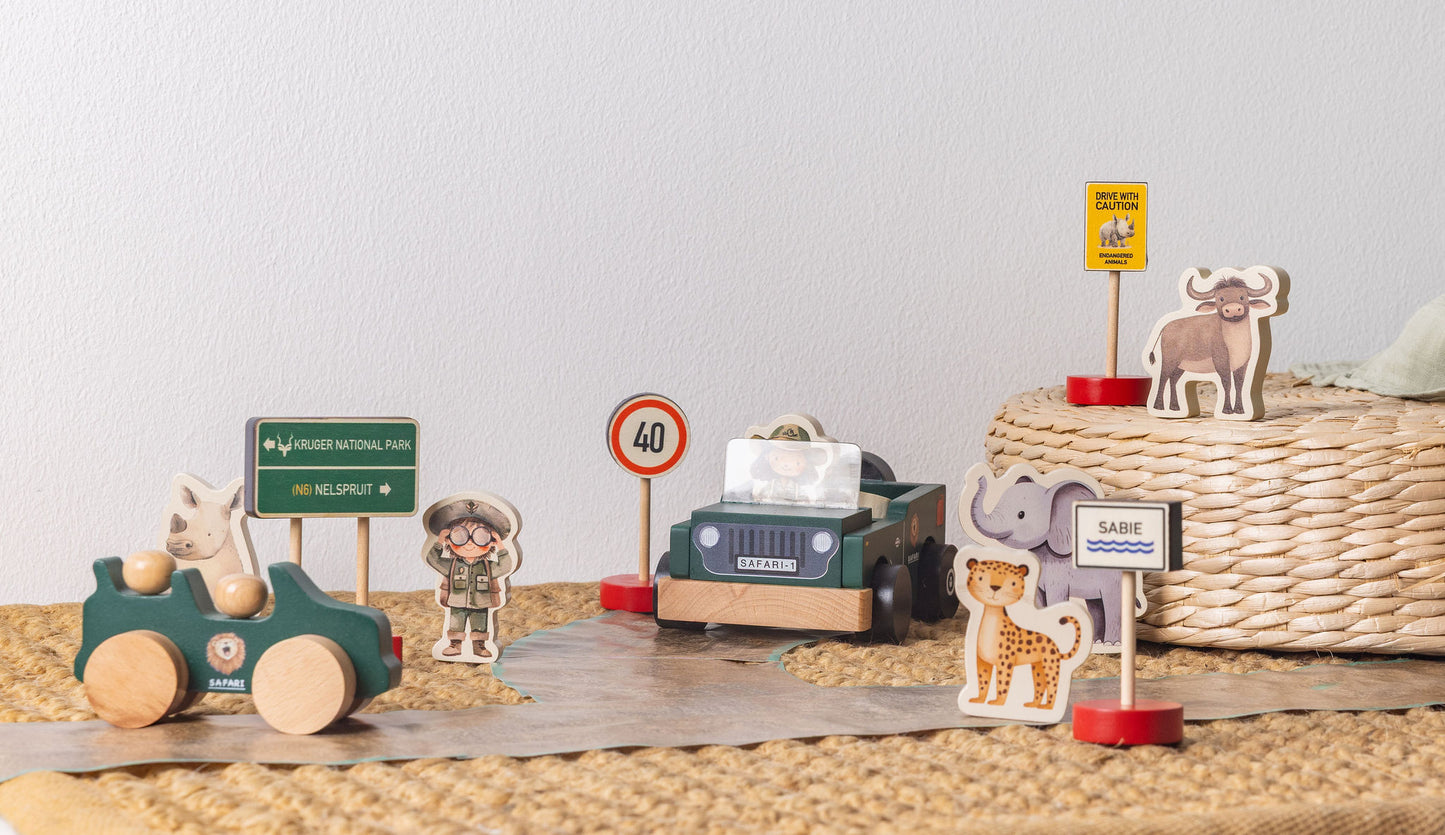 Wooden Road Sign Toy Set features mini signs and vehicles for imaginative road play inspired by South Africa's wildlife.