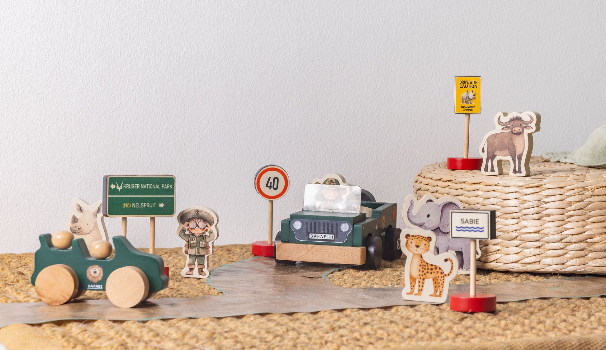 Wooden Road Sign Toy Set features mini signs and vehicles for imaginative road play inspired by South Africa's wildlife.