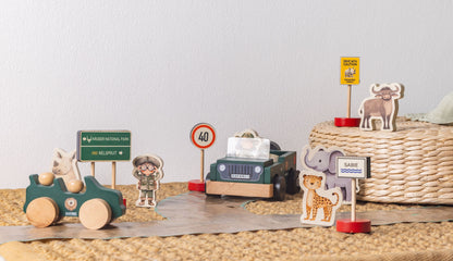 Wooden Road Sign Toy Set features mini signs and vehicles for imaginative road play inspired by South Africa's wildlife.