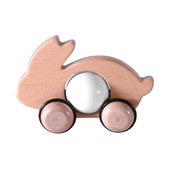 Wooden Push Toy with smooth wheels designed for active play, featuring a cute white bunny shape made from beechwood.