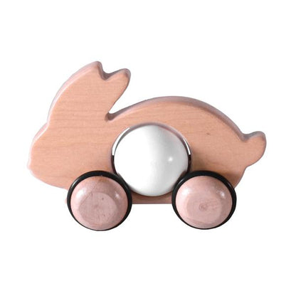 Wooden Push Toy with smooth wheels designed for active play, featuring a cute white bunny shape made from beechwood.