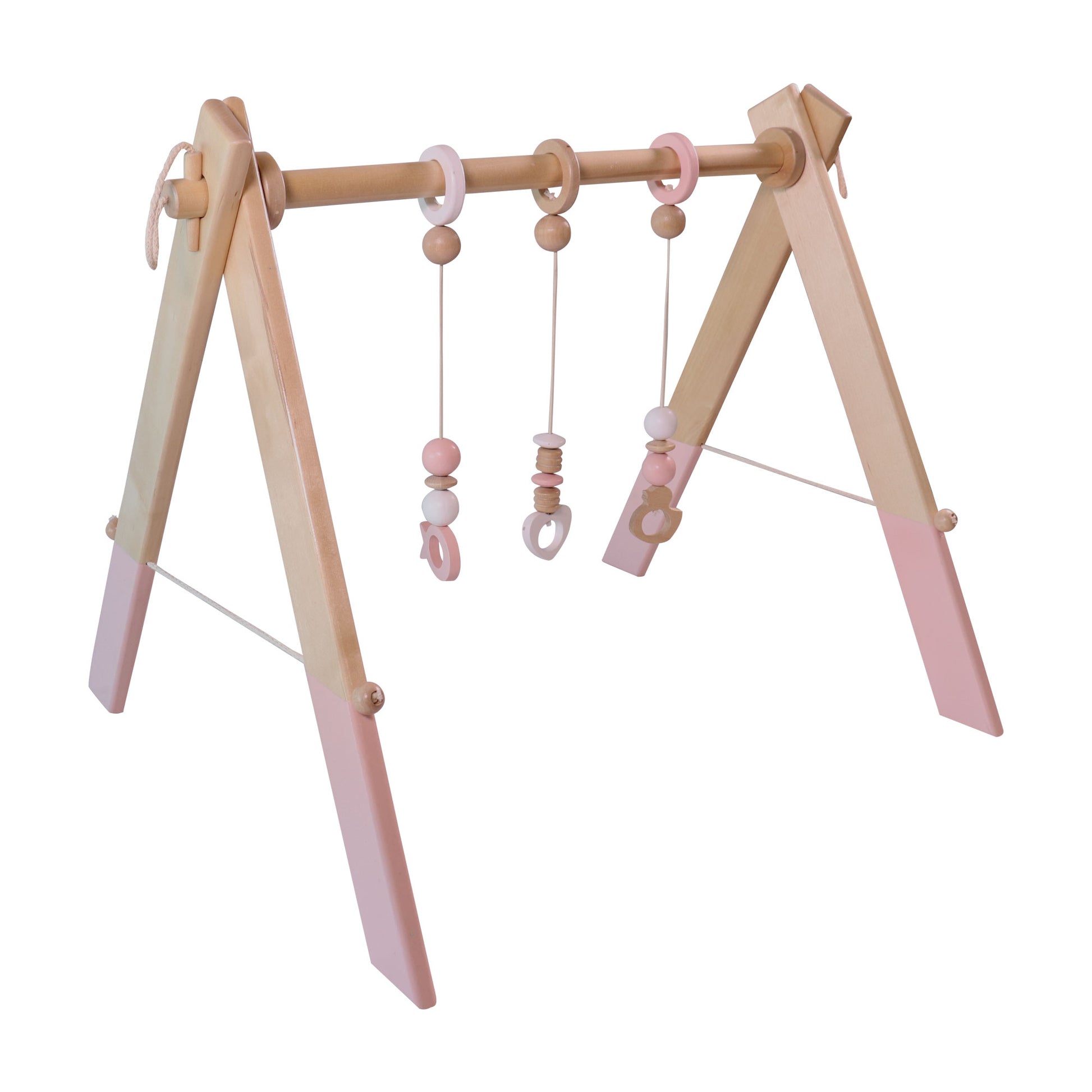 Wooden baby gym in pastel pink design with hanging toys for infants